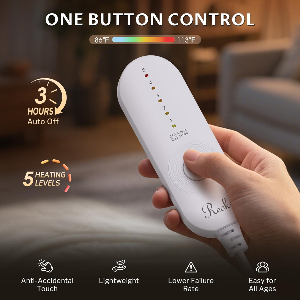 Reaks five-heat-levels enable gentle warmth to cozy heat for various activities.