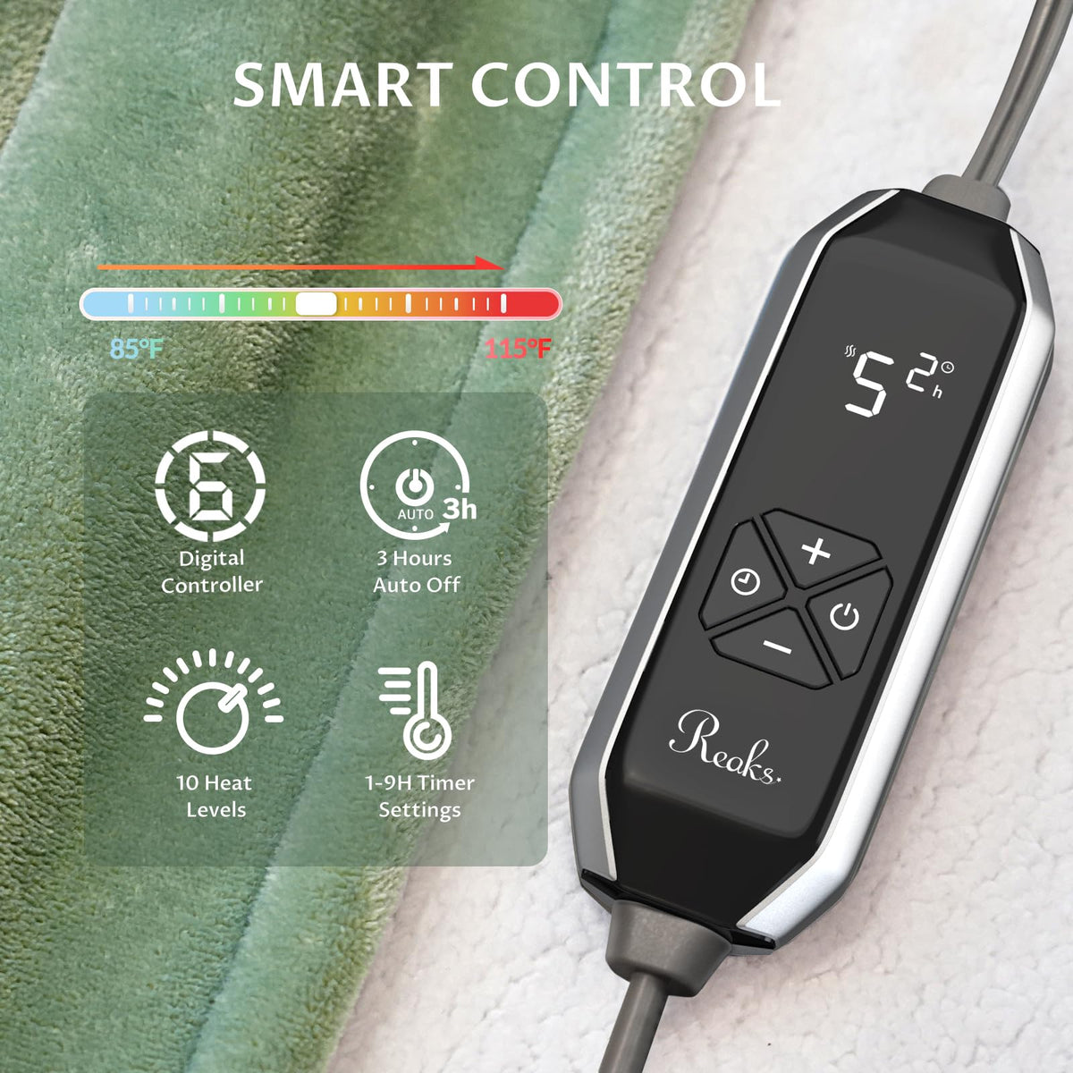 Reaks heated blanket throw showing 10 heat levels for comfort customization.