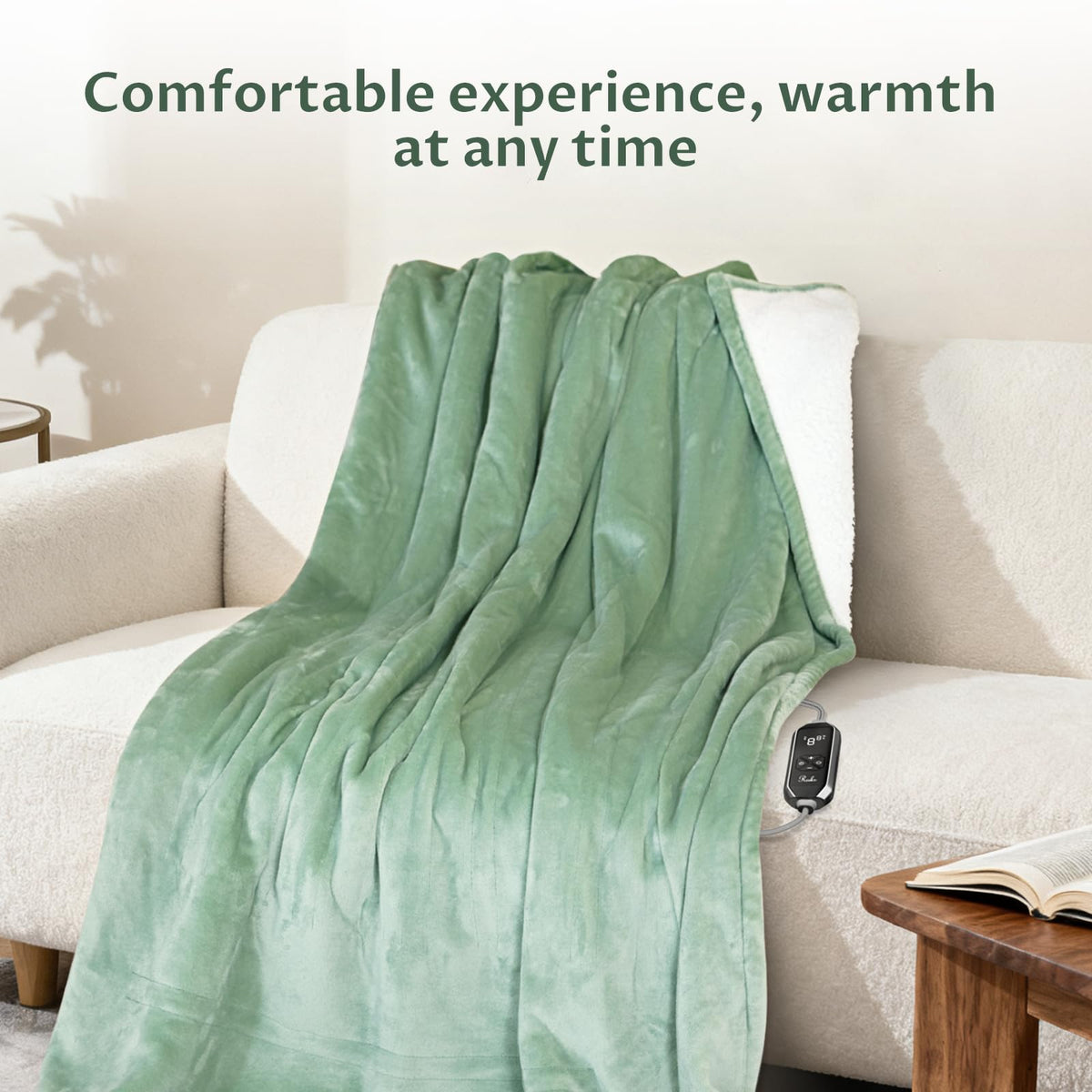 Reaks heated blanket throw displaying automatic power-off for safe use.
