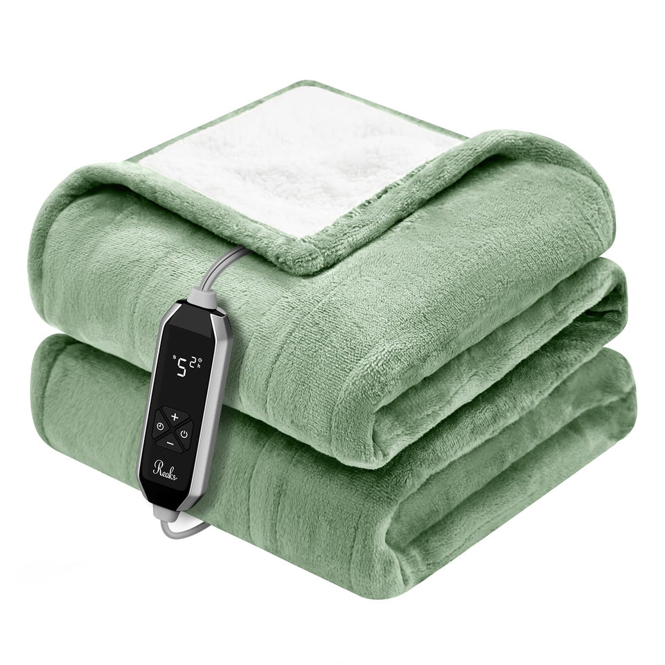 Reaks heated blanket throw with soft-flannel-sherpa for cozy warmth.