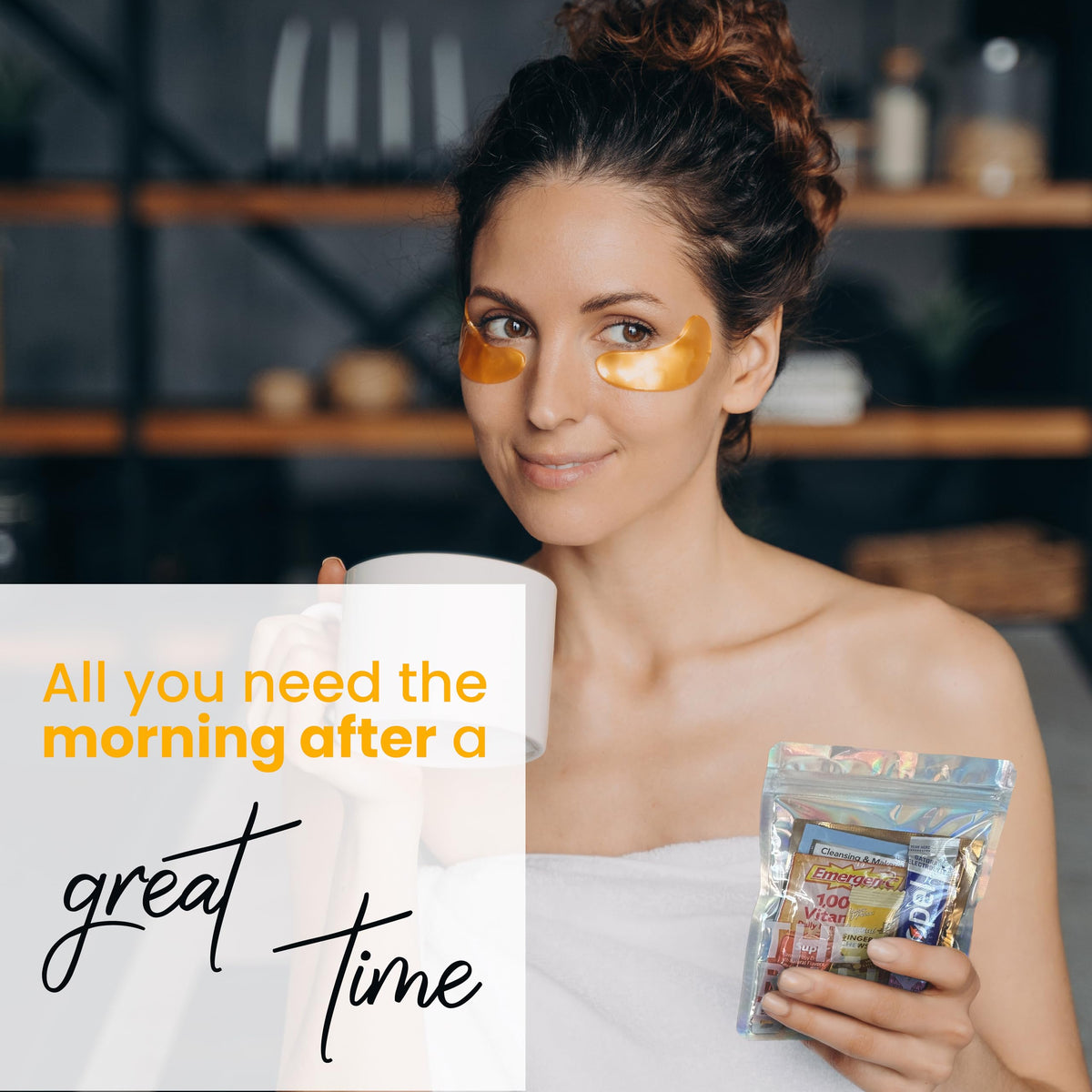 Real Vitamins collagen eye mask brightens tired eyes after late nights.