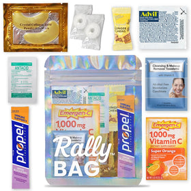Real Vitamins Rally Bag hangover kit packaging showing organized essentials.