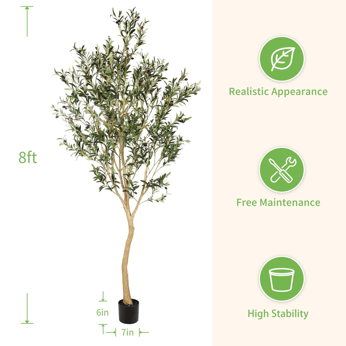 REALEAD olive tree weighted pot highlights stability for versatile placement.
