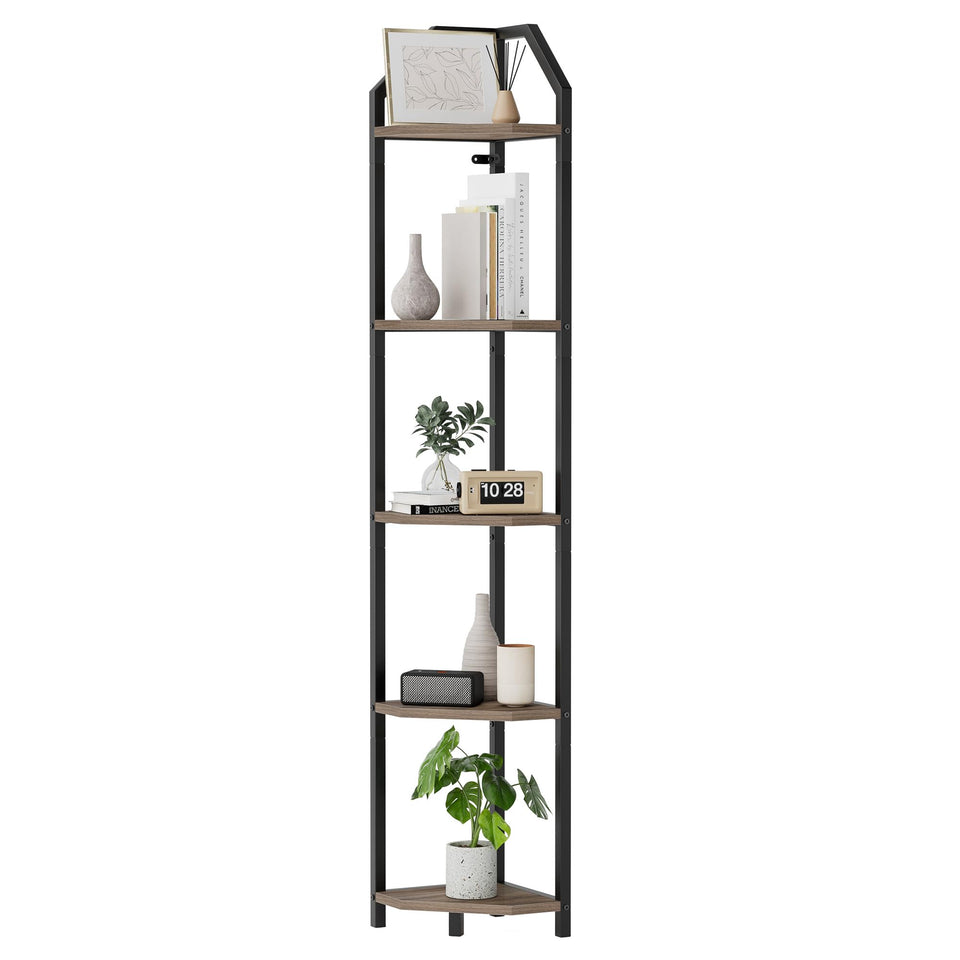 Realgulf 5-tier corner shelf in assembly shows space-saving corner storage