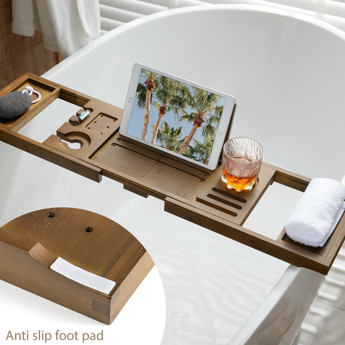 Realgulf Bamboo Bathtub Tray splash-proof finish resists moisture.