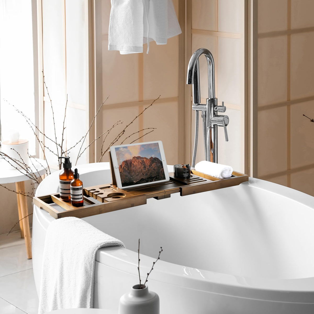 Realgulf Bamboo Bathtub Tray tablet stand supports hands-free reading.