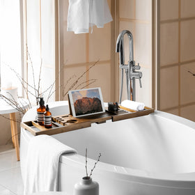 Realgulf Bamboo Bathtub Tray tablet stand supports hands-free reading.