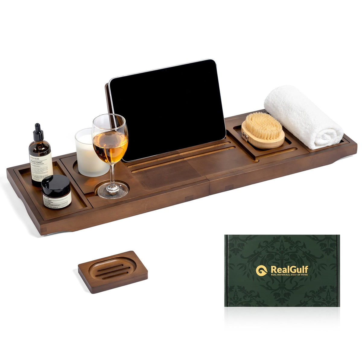 Realgulf bamboo bathtub tray with wine glass holder keeps drinks steady during a relaxing bath