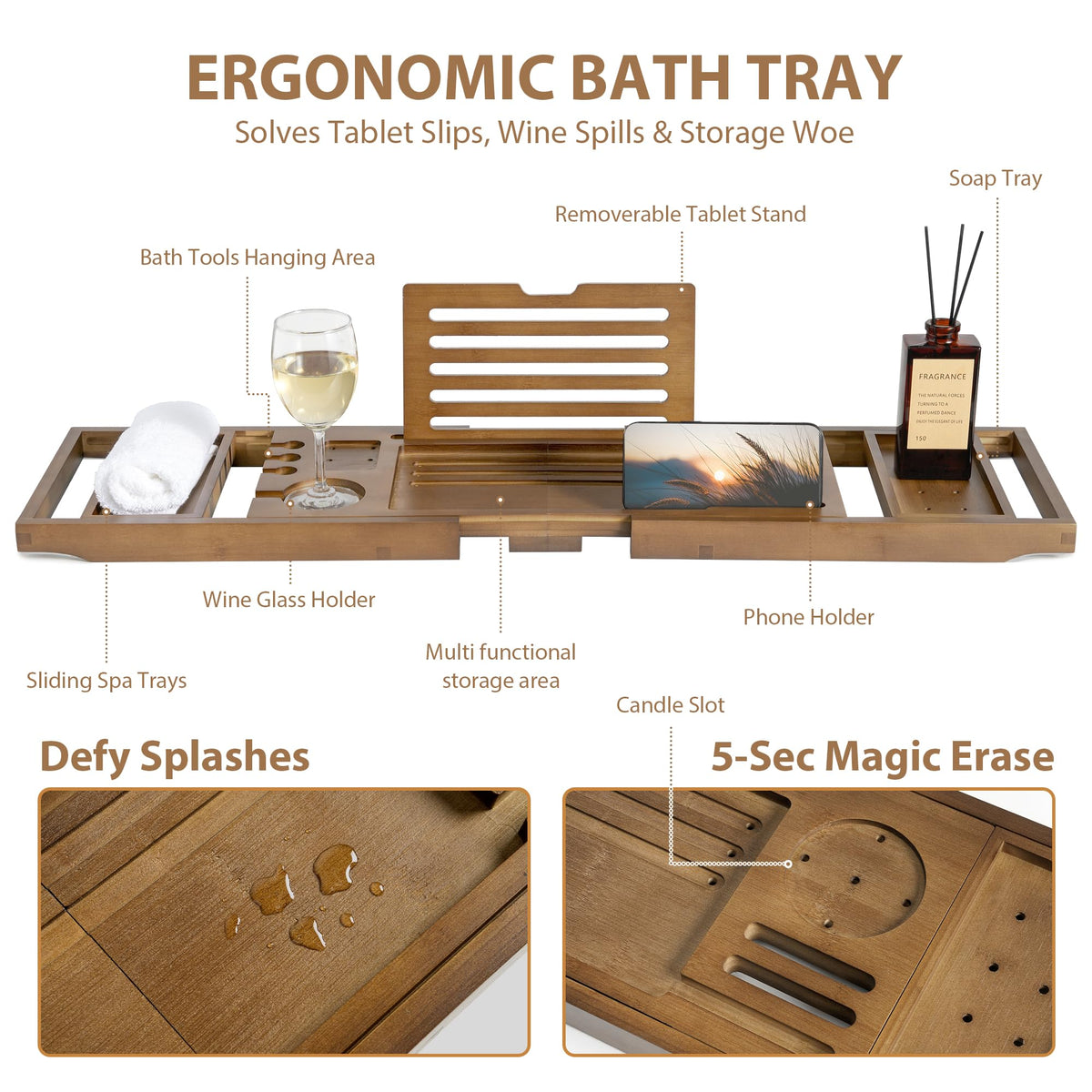 Realgulf Bamboo Bathtub Tray wine holder keeps your glass steady during a soak.