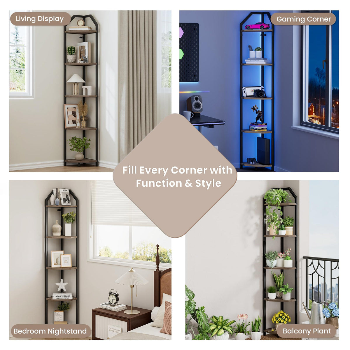 Realgulf corner shelf in a cozy living room display with lighting
