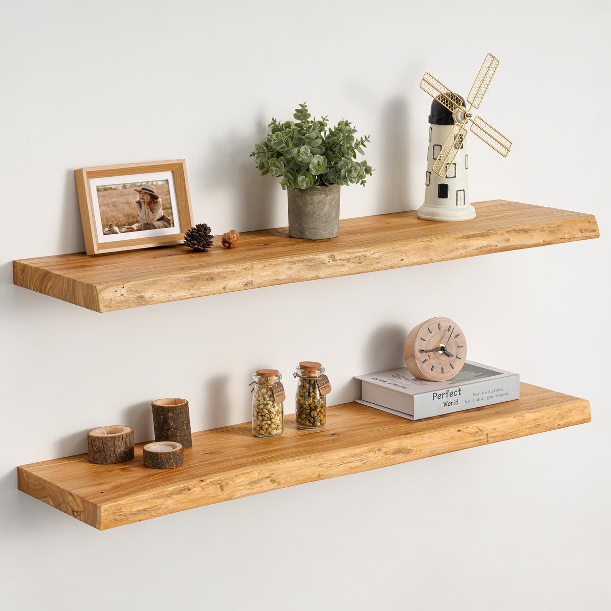 Realgulf 32-inch elm floating shelf front view with live-edge detail for rustic display