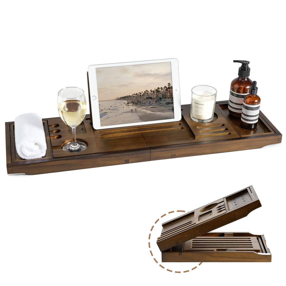 RealGulf teak bathtub tray with adjustable width fits most tubs securely.