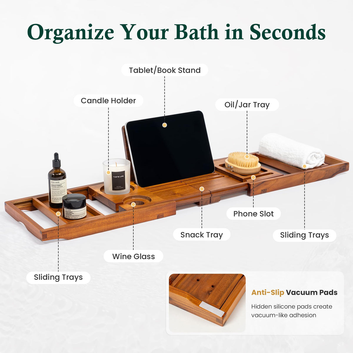 Realgulf bath tray-book stand keeps your pages within reach during a soak.