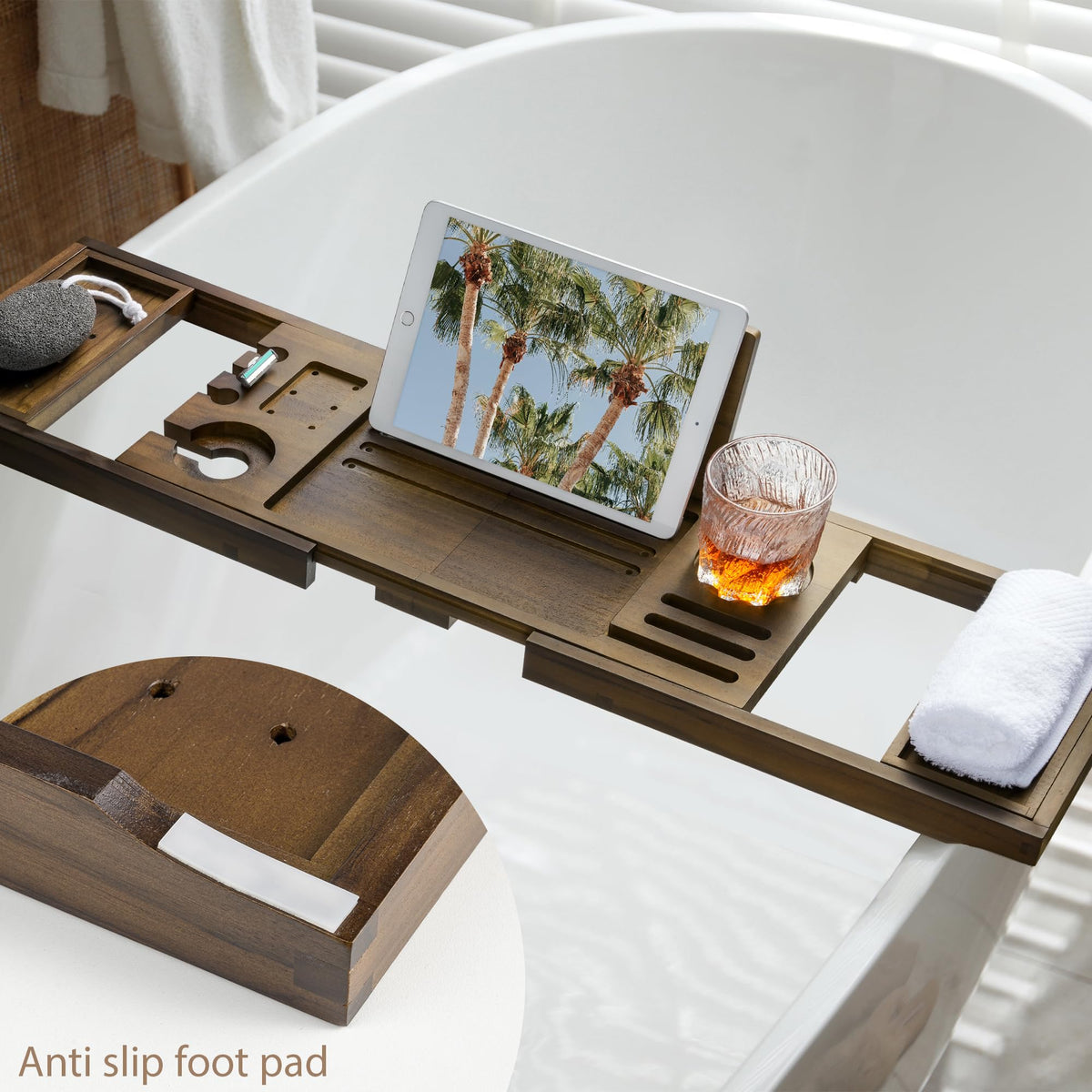 RealGulf teak bathtub tray book stand enables hands-free reading.
