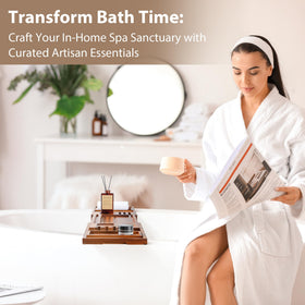 Realgulf teak bathtub tray candle grooves and towel rails for spa-like moments.