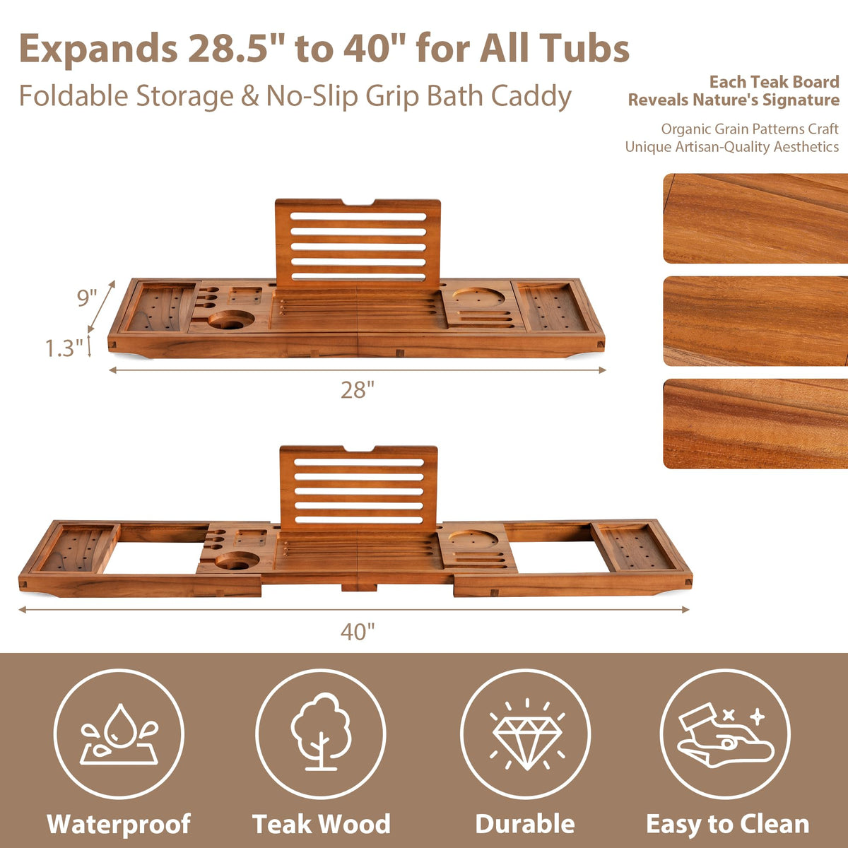 Realgulf teak bathtub tray folds flat for compact storage after baths.