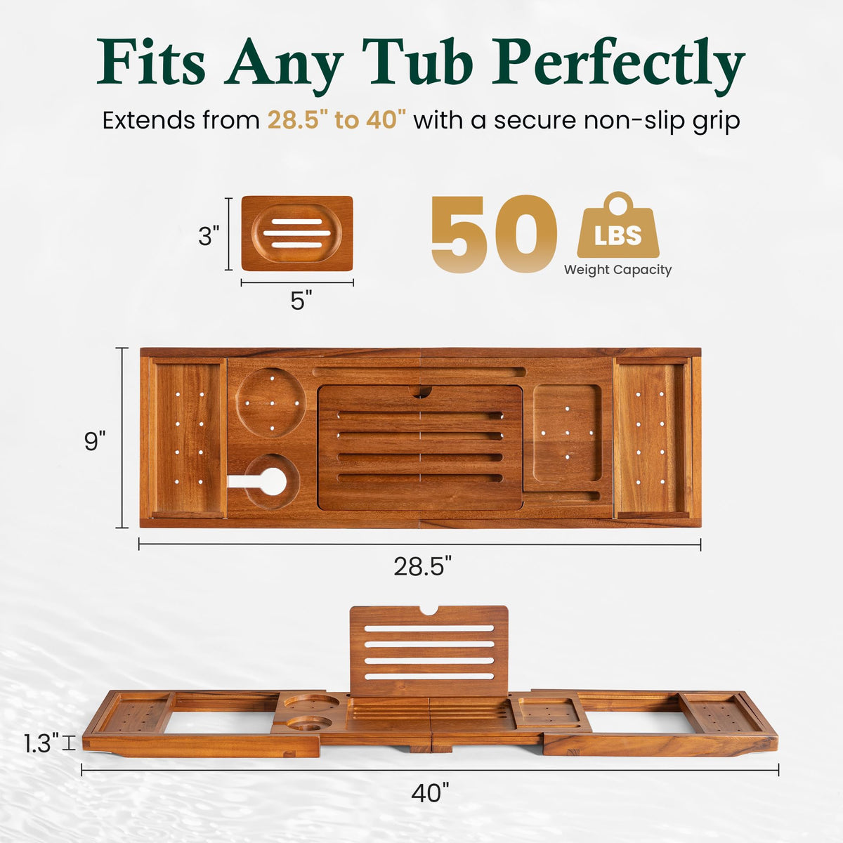 Realgulf teak bath tray with non-slip silicone pads stays steady.
