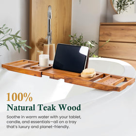 Realgulf teak bath tray features phone dock for easy access while soaking.
