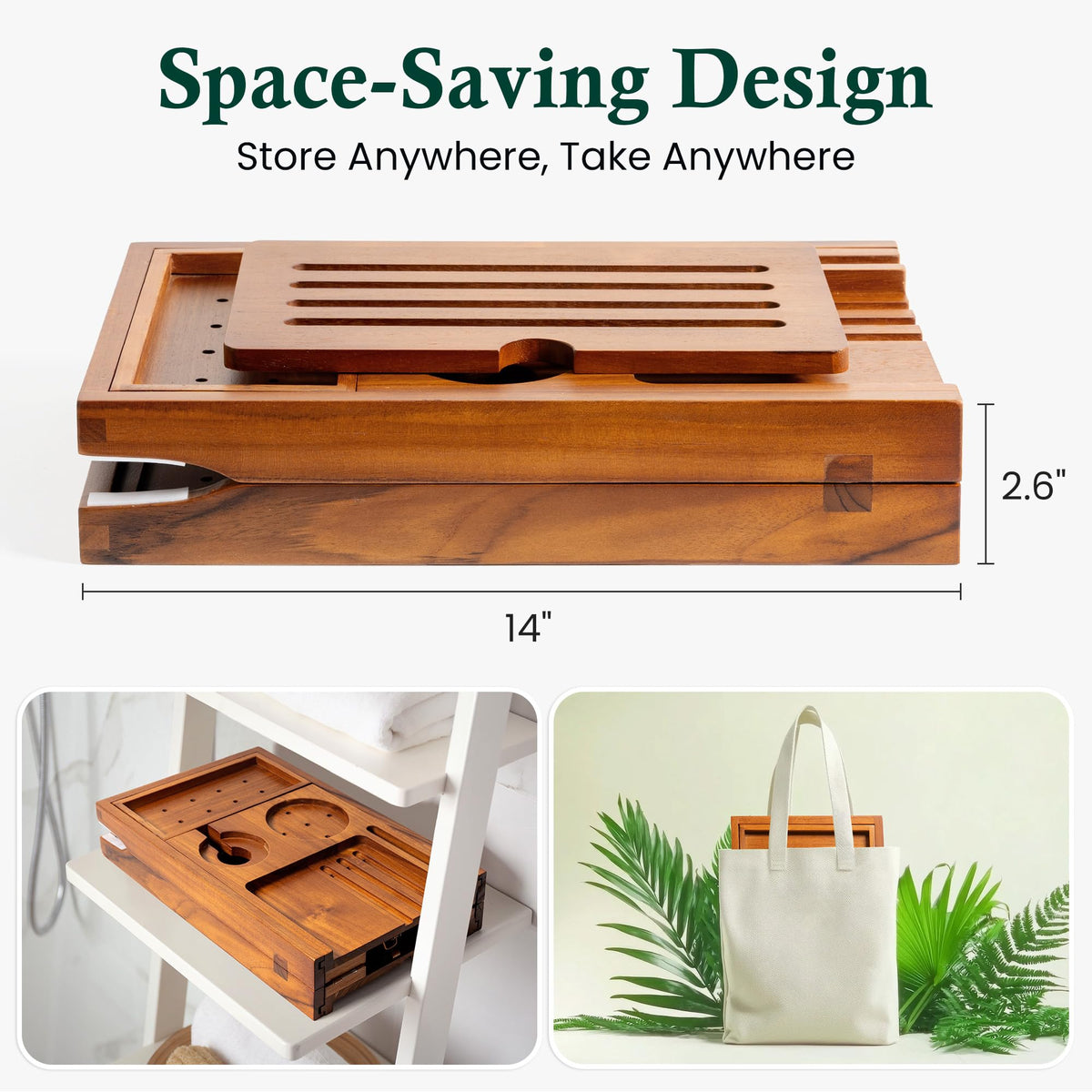 Realgulf teak bathtub tray with removable side trays keeps towels within reach.