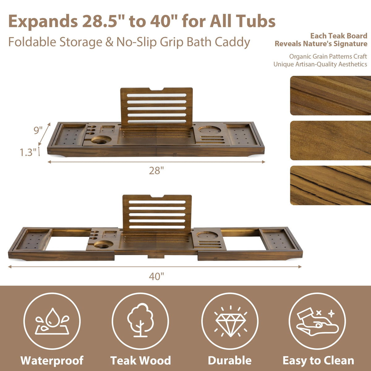 RealGulf teak bathtub tray silicone pads grip wet edges securely.