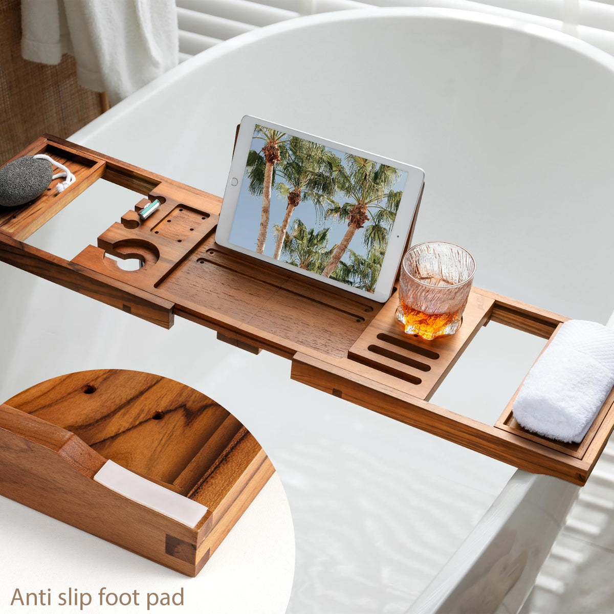 Realgulf teak bathtub tray splash-proof design protects surfaces while soaking.