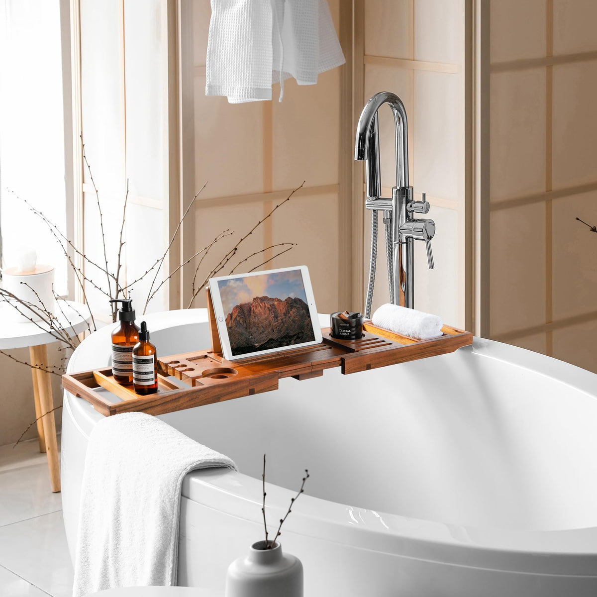 Realgulf teak bathtub tray tablet and phone stand for easy access.