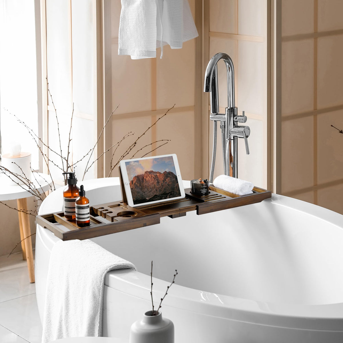 RealGulf teak bathtub tray tablet stand keeps devices angled and accessible.