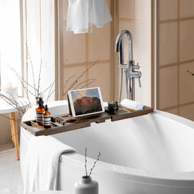 RealGulf teak bathtub tray tablet stand keeps devices angled and accessible.