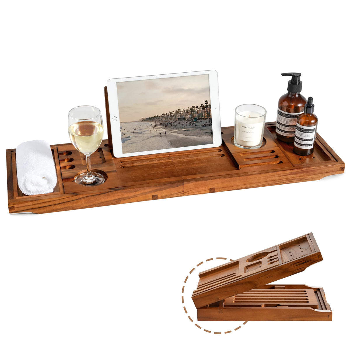 Realgulf teak bathtub tray with adjustable width for secure baths.