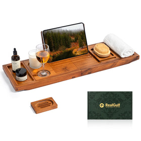 Realgulf teak bathtub tray with wine glass holder enhances hands-free relaxation.