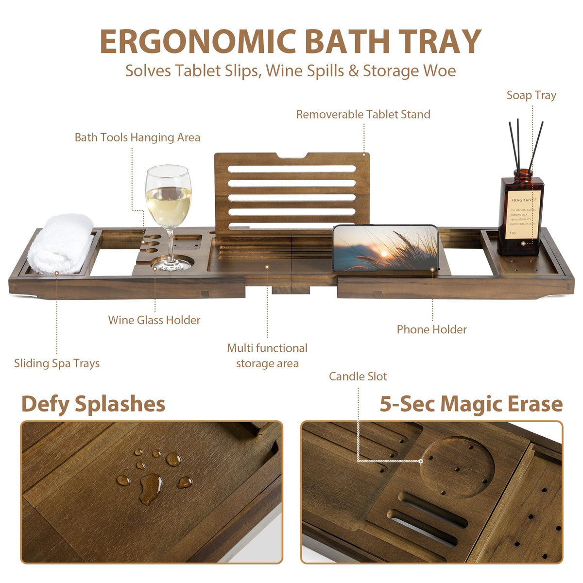 RealGulf teak bathtub tray wine holder keeps beverages within reach.