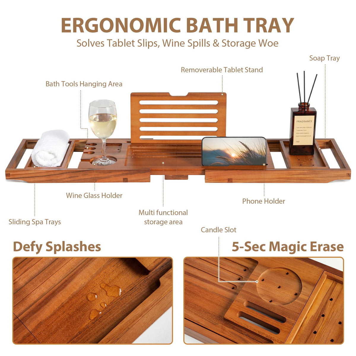 Realgulf teak bathtub tray with wine holder for relaxing evenings.