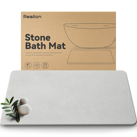 Realion stone bath mat shows absorbency for quick moisture pickup and dry feet.