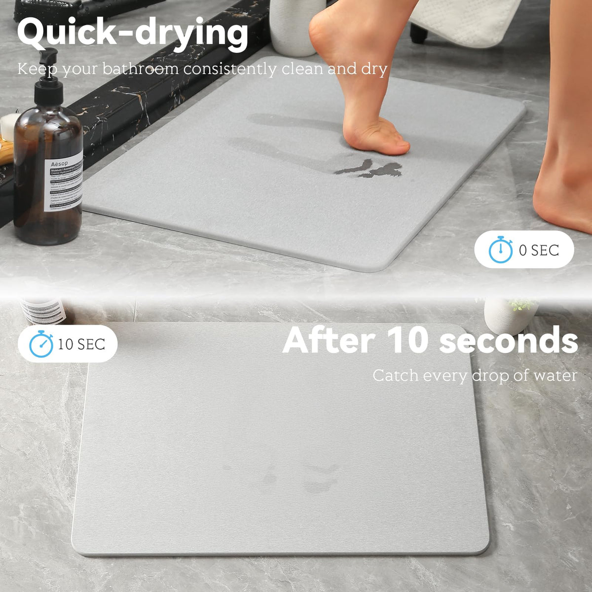 Realion stone bath mat features a non-slip design for stable placement on wet floors.