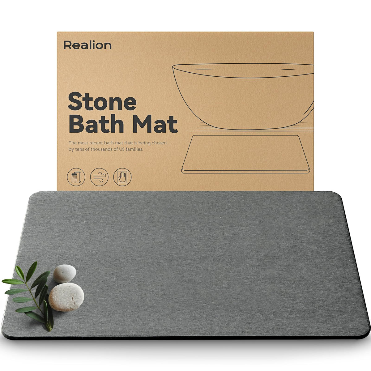 Realion Stone Bath Mat shows quick-drying diatomaceous earth for bathroom moisture control.