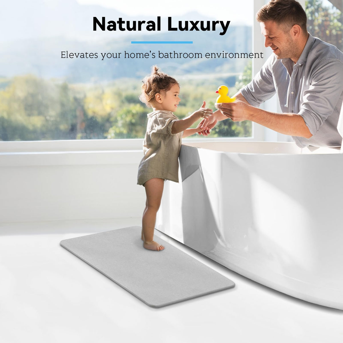 Realion stone bath mat uses sustainable diatomaceous earth for long lasting use.