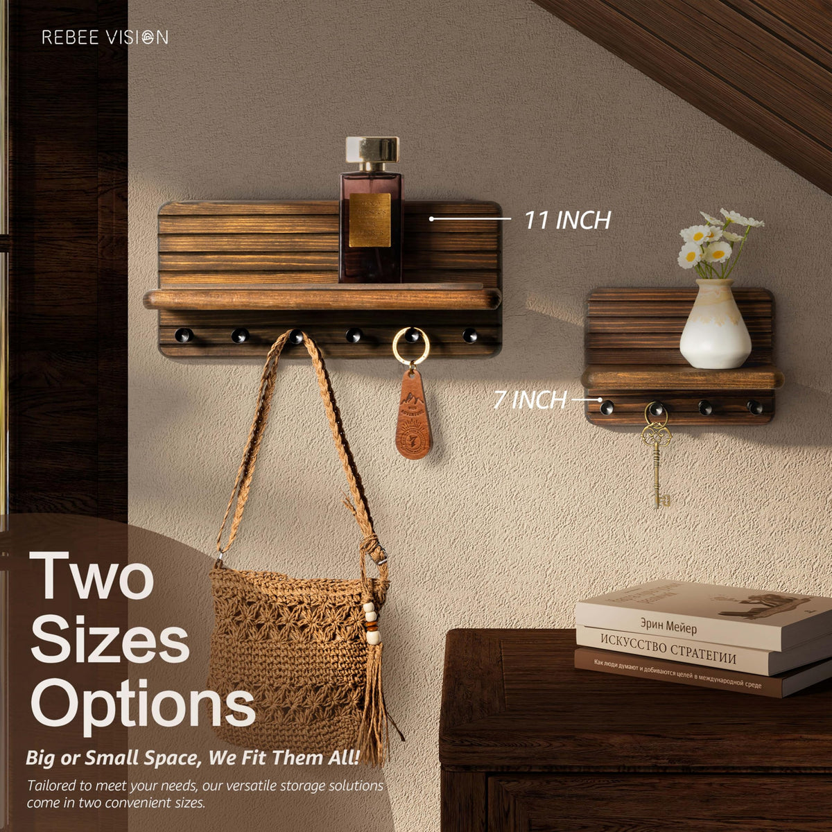 Rebee Vision six-hook wall rack keeps keys, bags, and hats organized.
