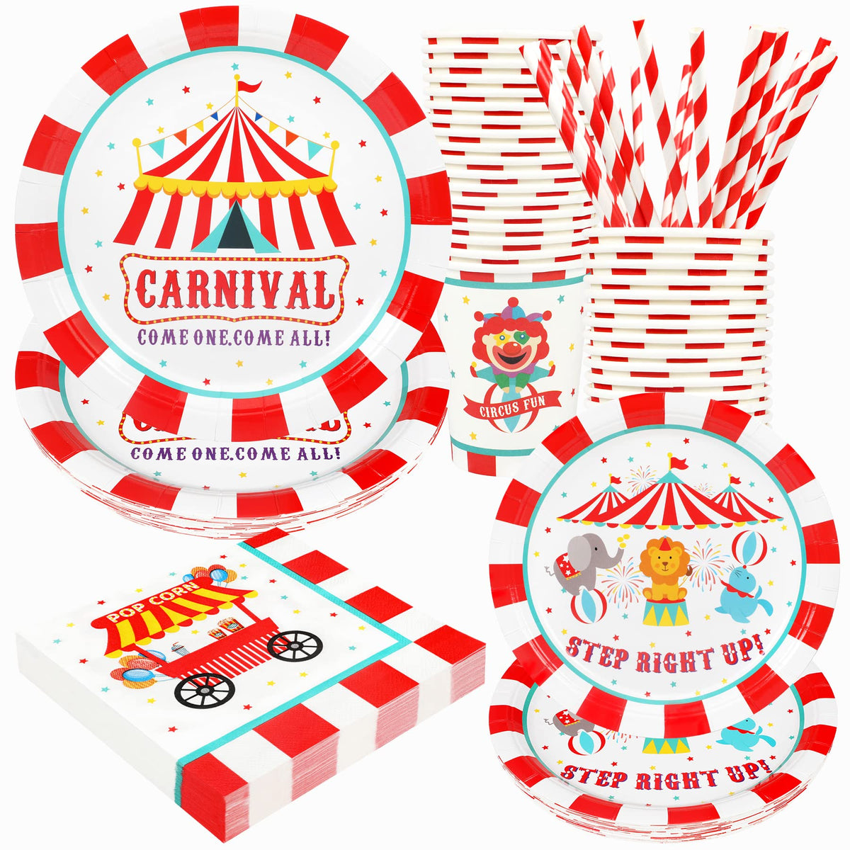 Recheel carnival dinner plates showcase bold carnival art for quick party setup