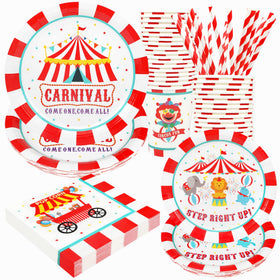 Recheel carnival dinner plates showcase bold carnival art for quick party setup