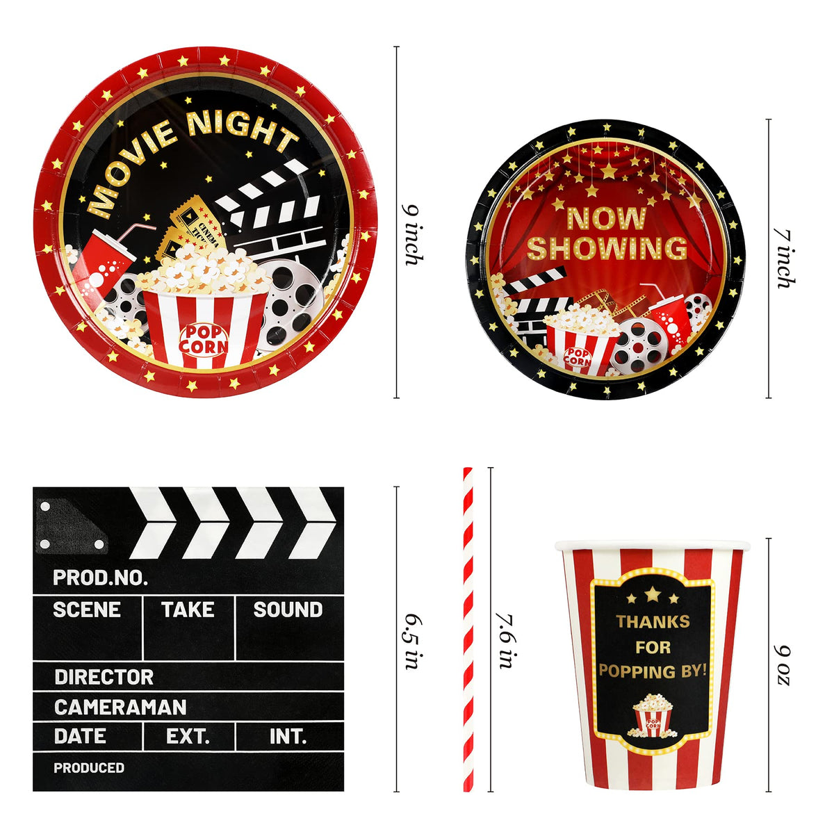 Recheel movie night dessert plates - 7 inch, festive party design.