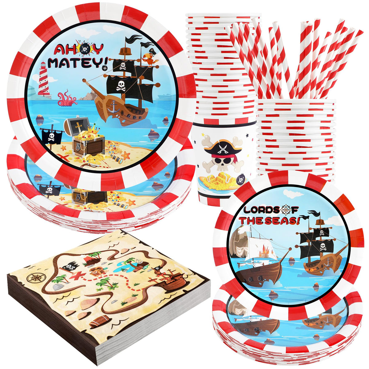 Recheel pirate plates display bold treasure-map art for a kid-friendly party table.