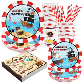 Recheel pirate plates display bold treasure-map art for a kid-friendly party table.