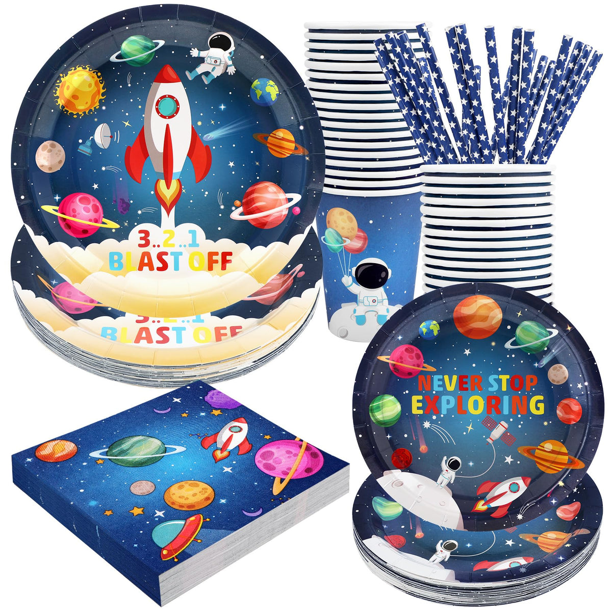 Recheel space dinner plates with astronaut design for easy party cleanup.
