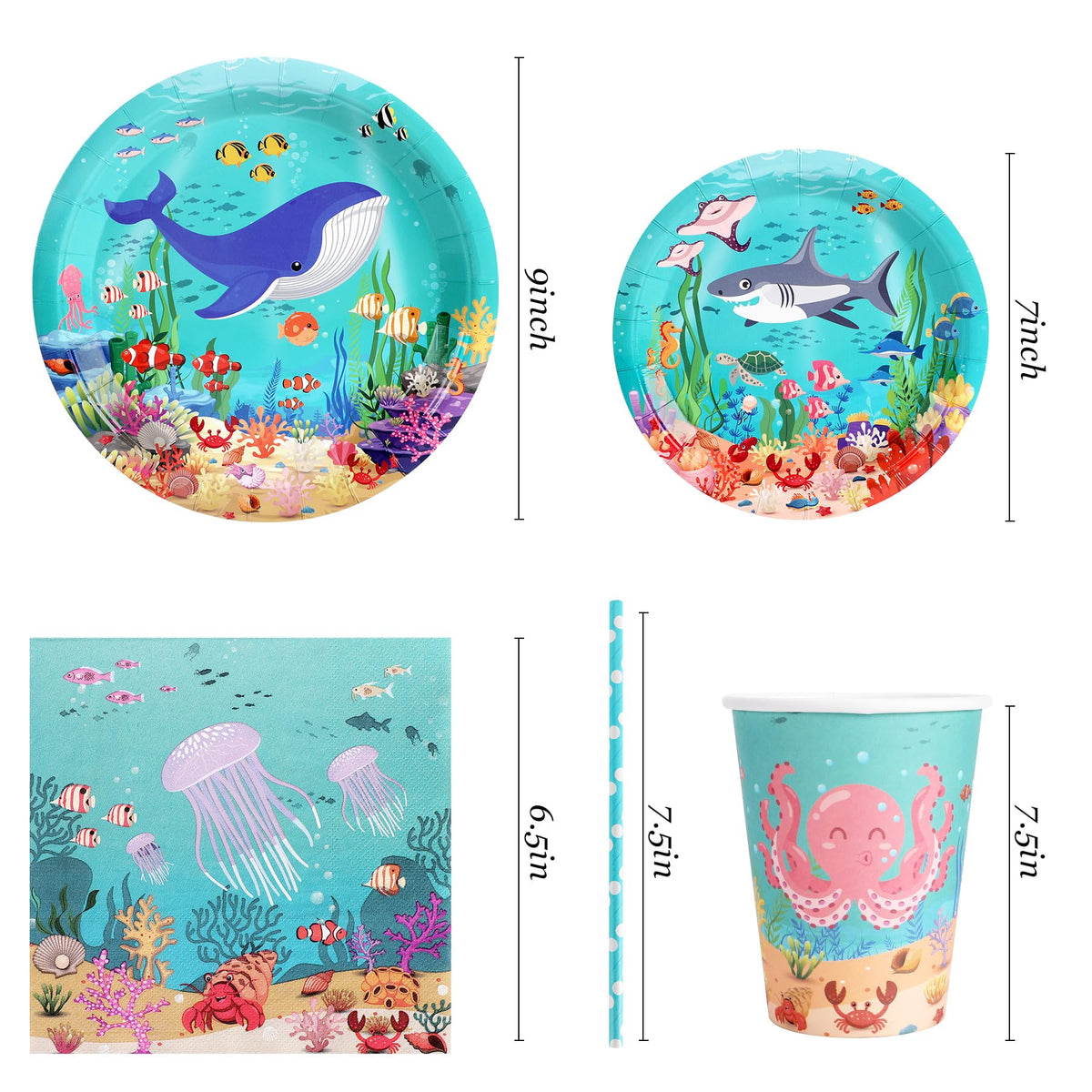 Recheel under-the-sea 7in dessert plates, playful design for celebrations.
