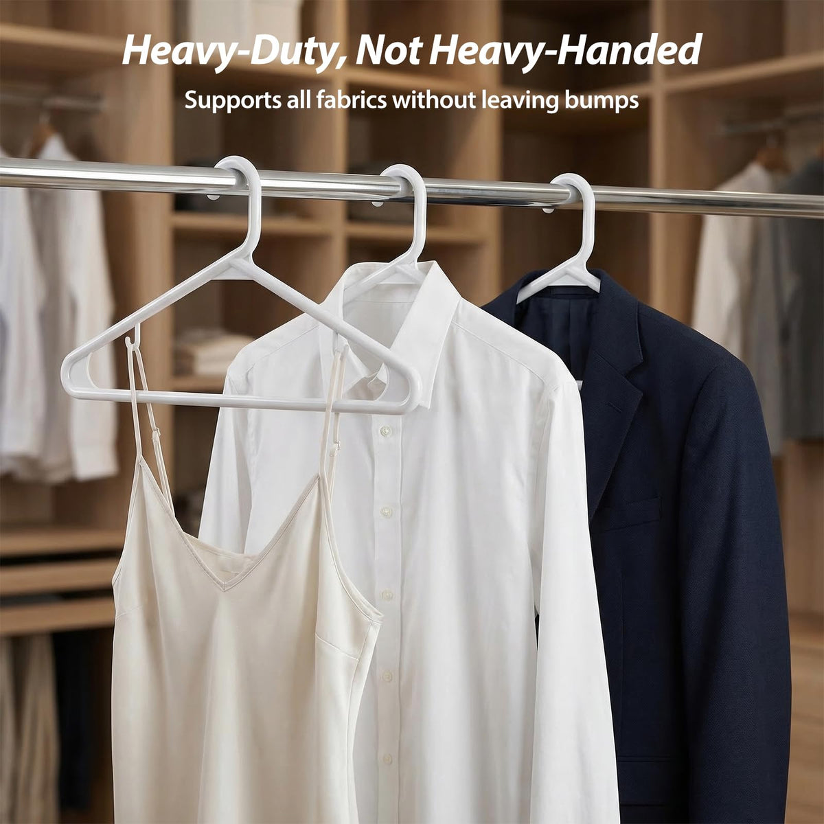 Rectangle Home heavy duty hangers in a closet demonstrating organized space