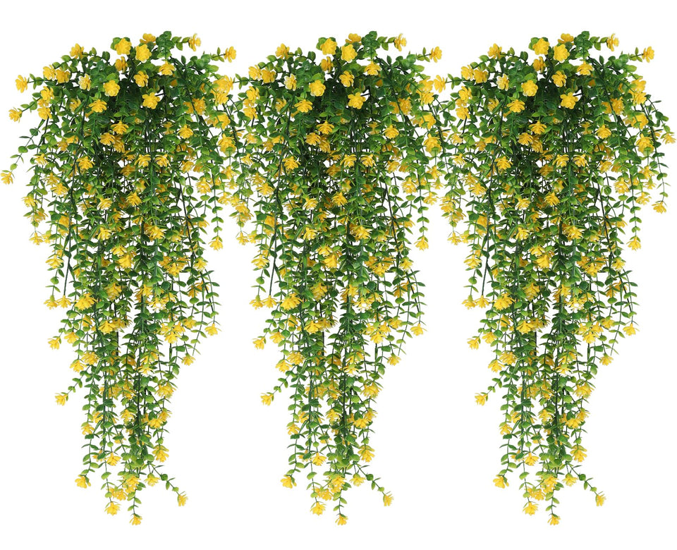 RECUTMS yellow outdoor faux hanging plants for wedding decor, UV resistant and durable.
