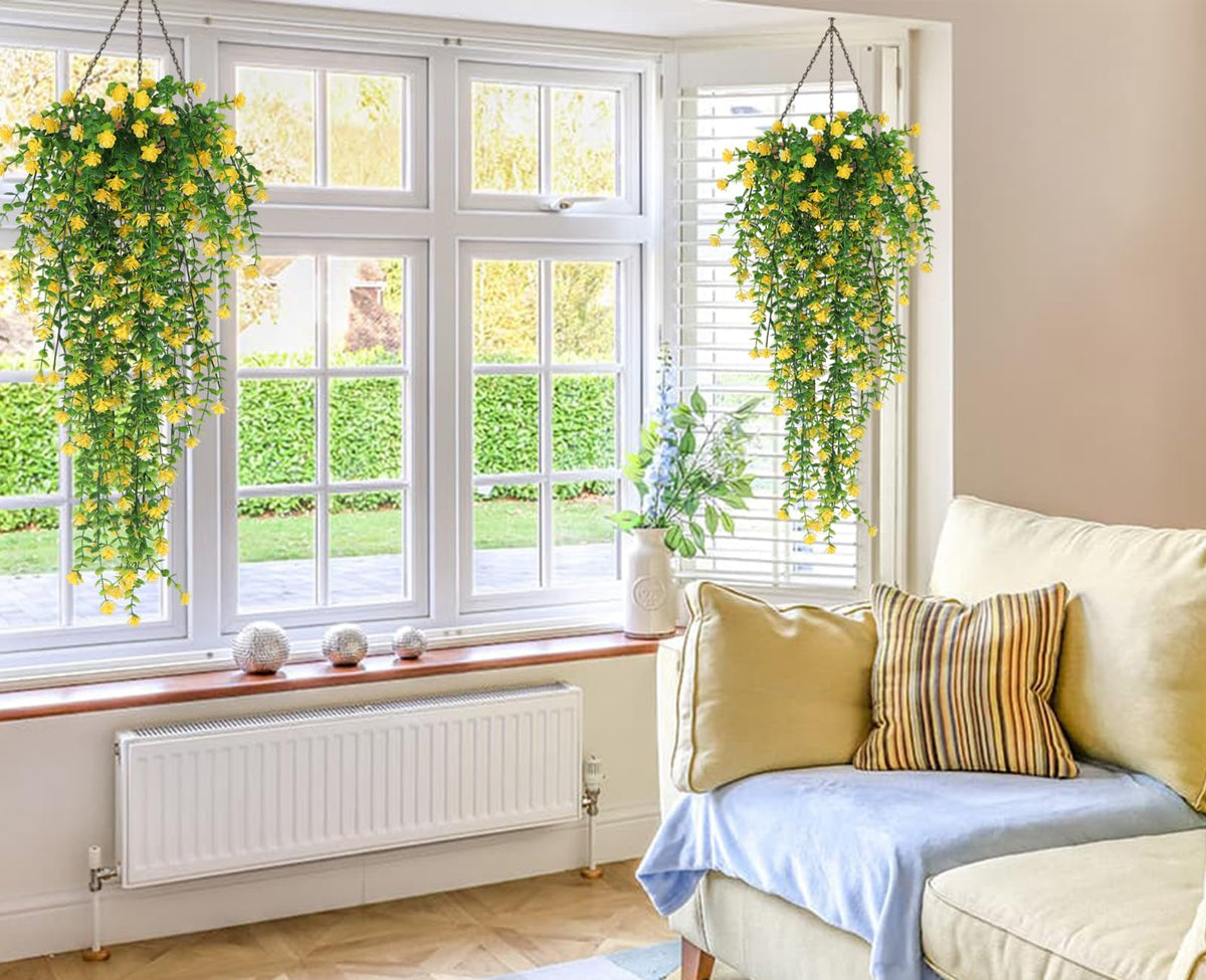 RECUTMS yellow fake hanging plants bundle, 30 inch total length with flexible stems.