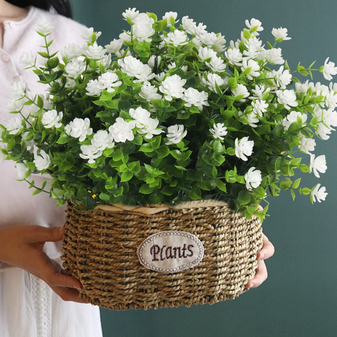 RECUTMS white full bundle artificial plants demonstrates lush volume for porch or indoor styling.