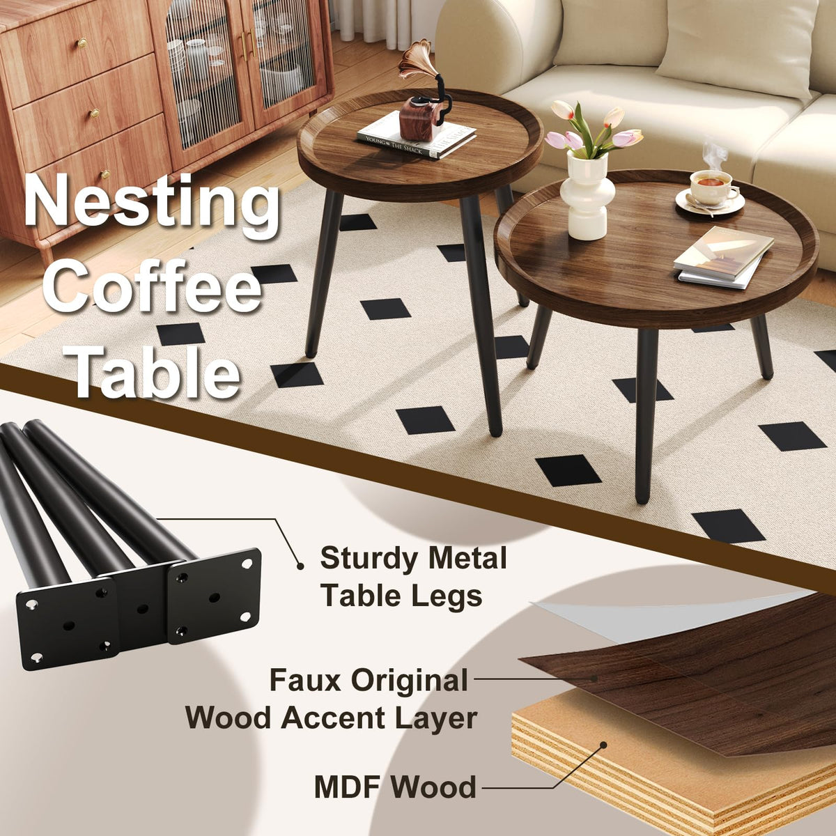 Recximi walnut nesting tables raised-edge design helps prevent items from falling