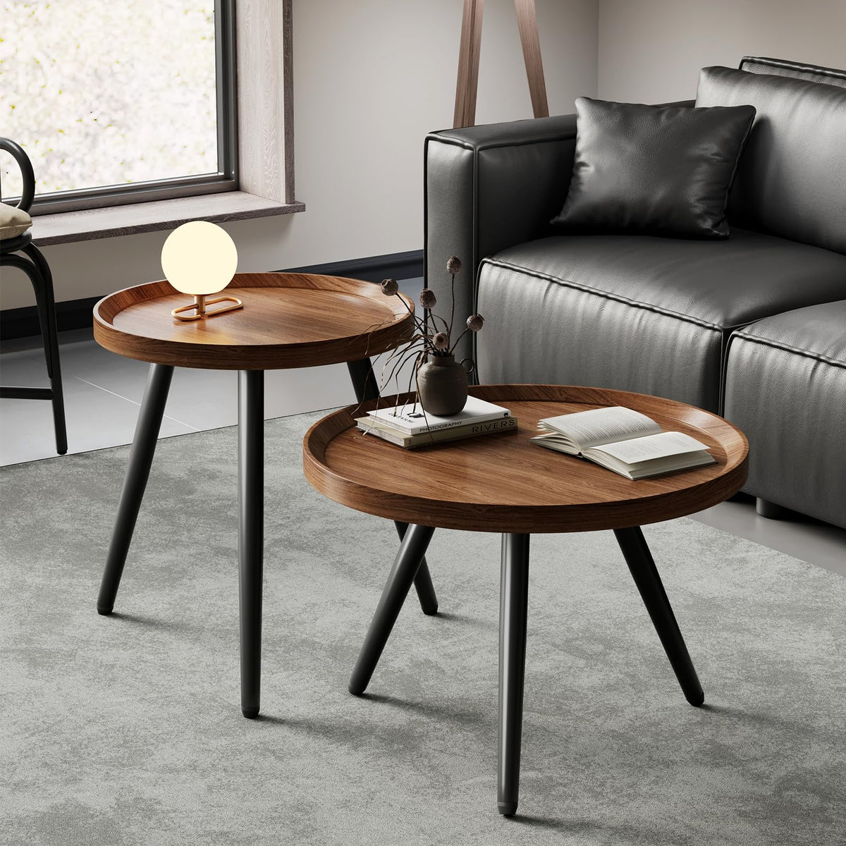 Recximi walnut nesting tables round side view highlighting interchangeable legs for adjustable height